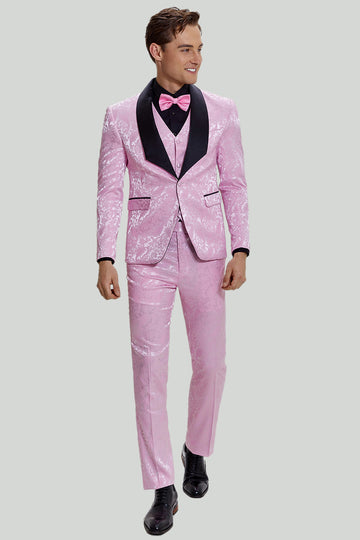 rosa jacquard sateng sjal lapel 3 stykke menns balldresser